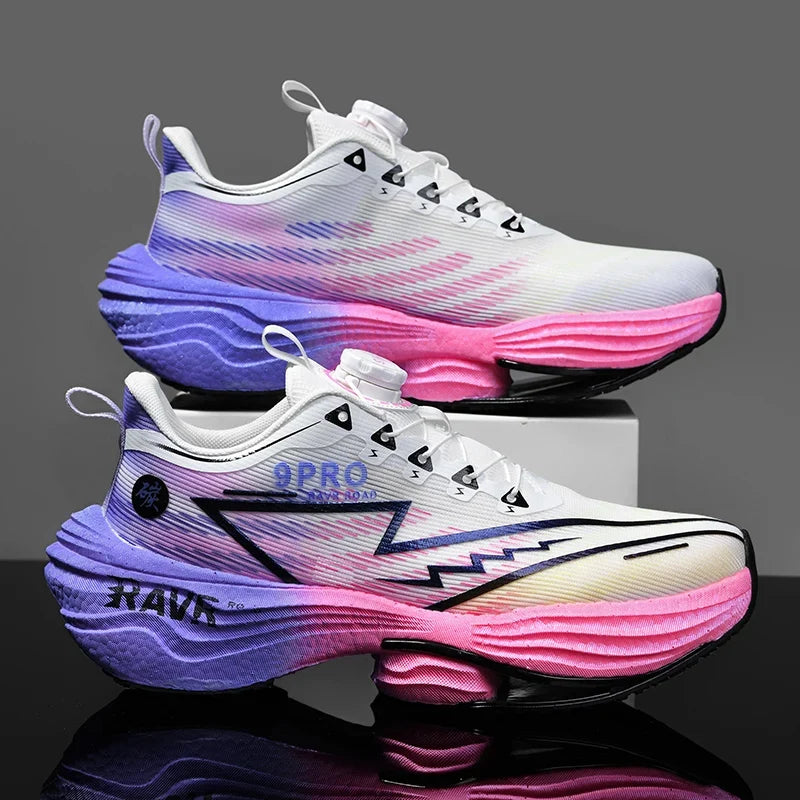 Running Shoes white upper with pink gradient midsole, carbon plate cushioned design pair on Tampa Home & Garden Store