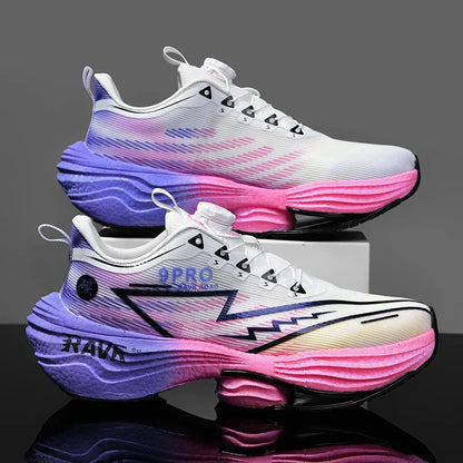 Running Shoes white upper with pink gradient midsole, carbon plate cushioned design pair on Tampa Home & Garden Store