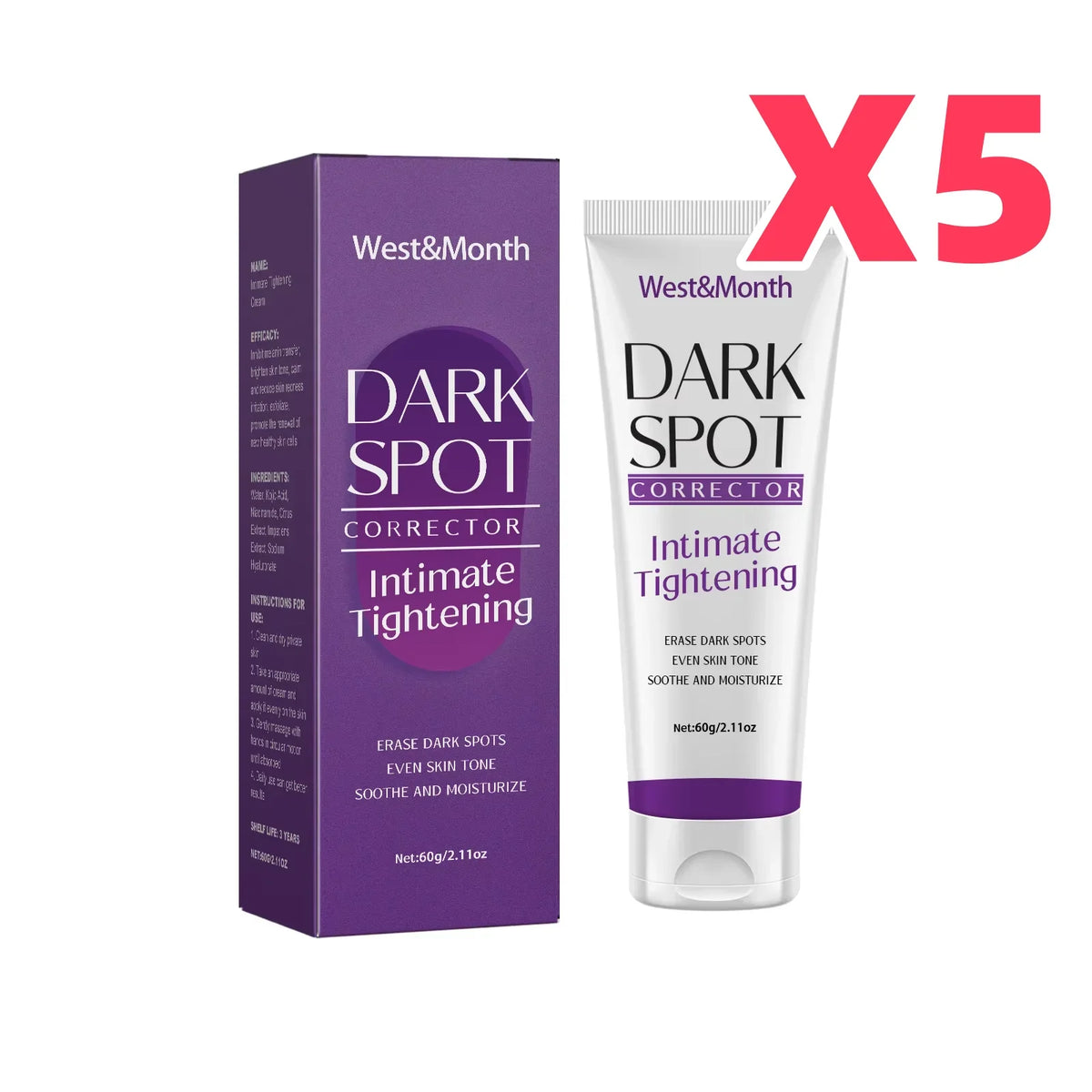Dark Spot Corrector kit by West&Month: purple box and white tube, 60g on Tampa Home & Garden Store