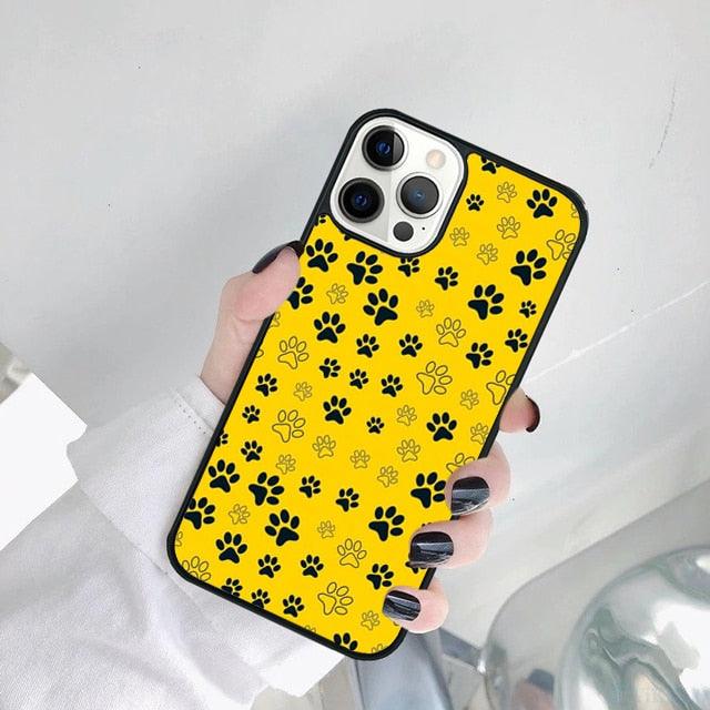 Dog paw print phone case Stevvex yellow hard back for iPhone with black paw prints on Tampa Home & Garden Store