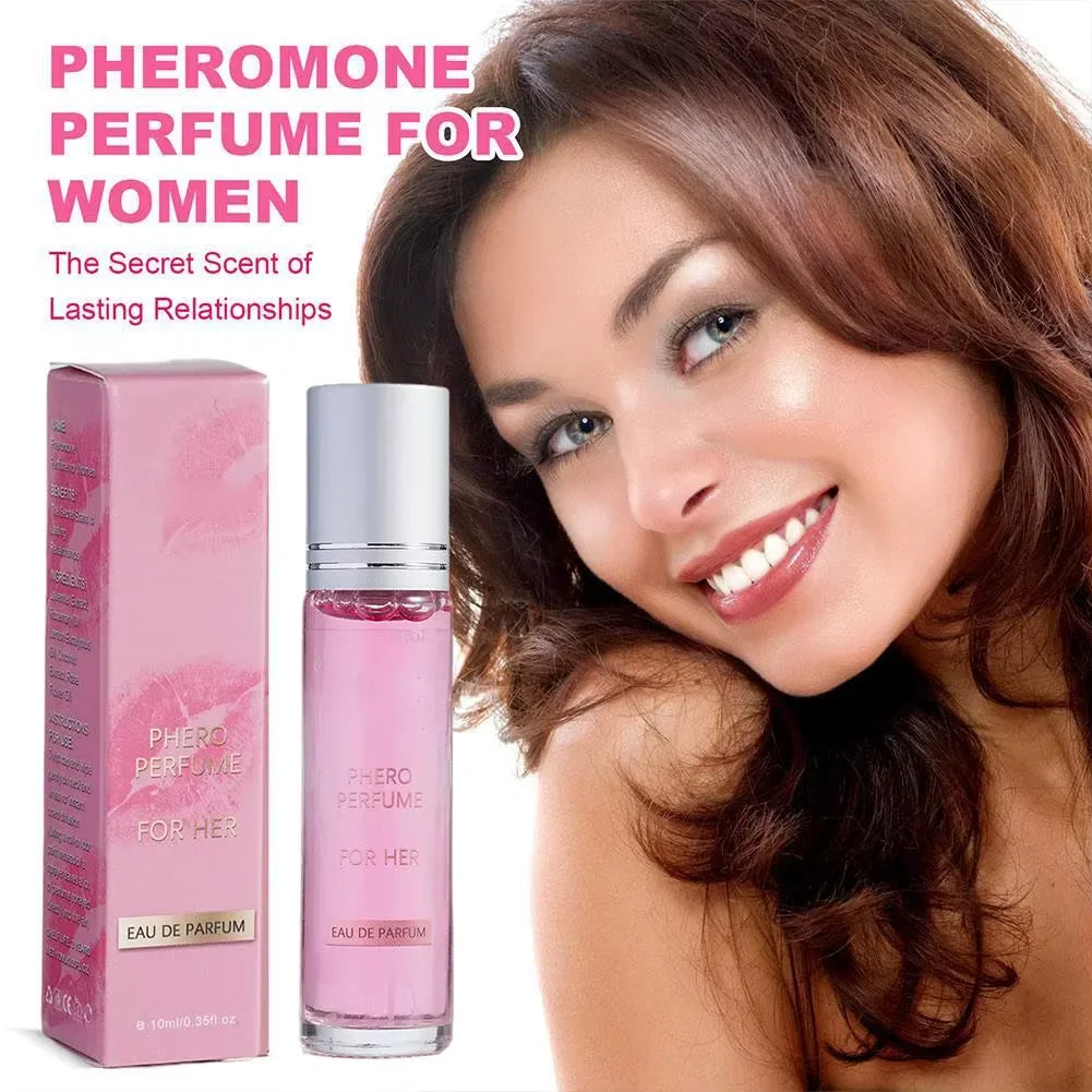 Pheromone perfume for women pink liquid bottle with silver cap beside pink box on Tampa Home & Garden Store
