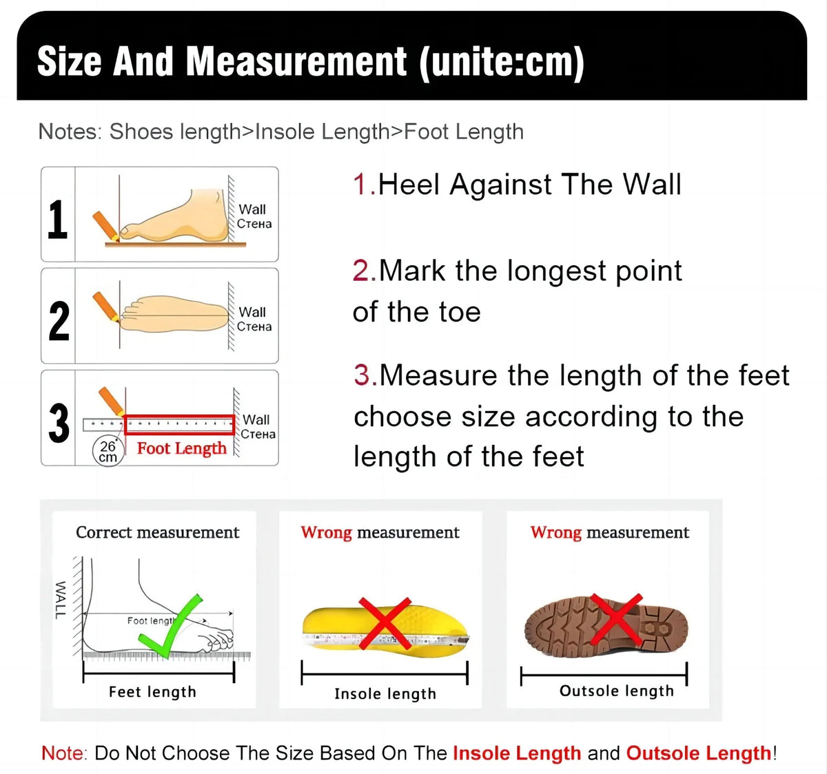 Winter boots for men waterproof warm shoes by UpTrend Deals, size guide with foot diagrams on Tampa Home & Garden Store