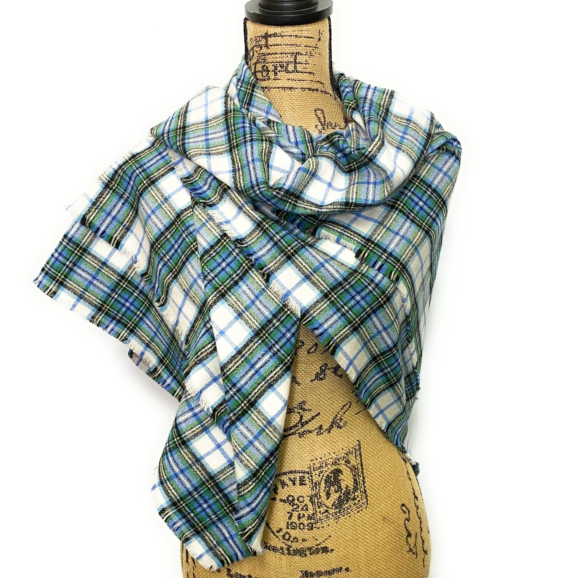 Shades of Blue and Green on White 100% Organic Cotton Plaid Infinity and Blanket Scarves - Tampa Home & Garden Store