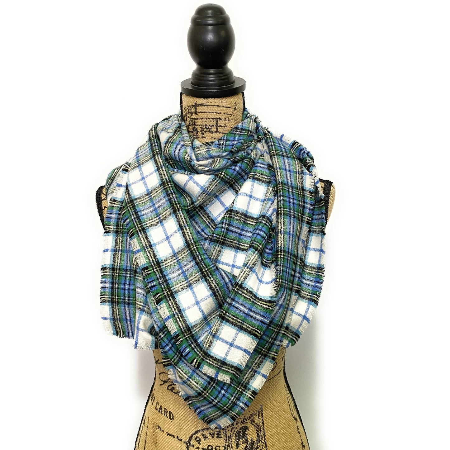 Shades of Blue and Green on White 100% Organic Cotton Plaid Infinity and Blanket Scarves - Tampa Home & Garden Store