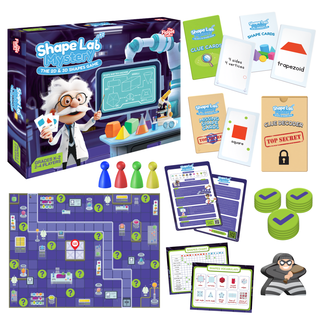 Shape Lab Mystery board game by The Fidget Games; STEM puzzle with clue & shape cards on Tampa Home & Garden Store