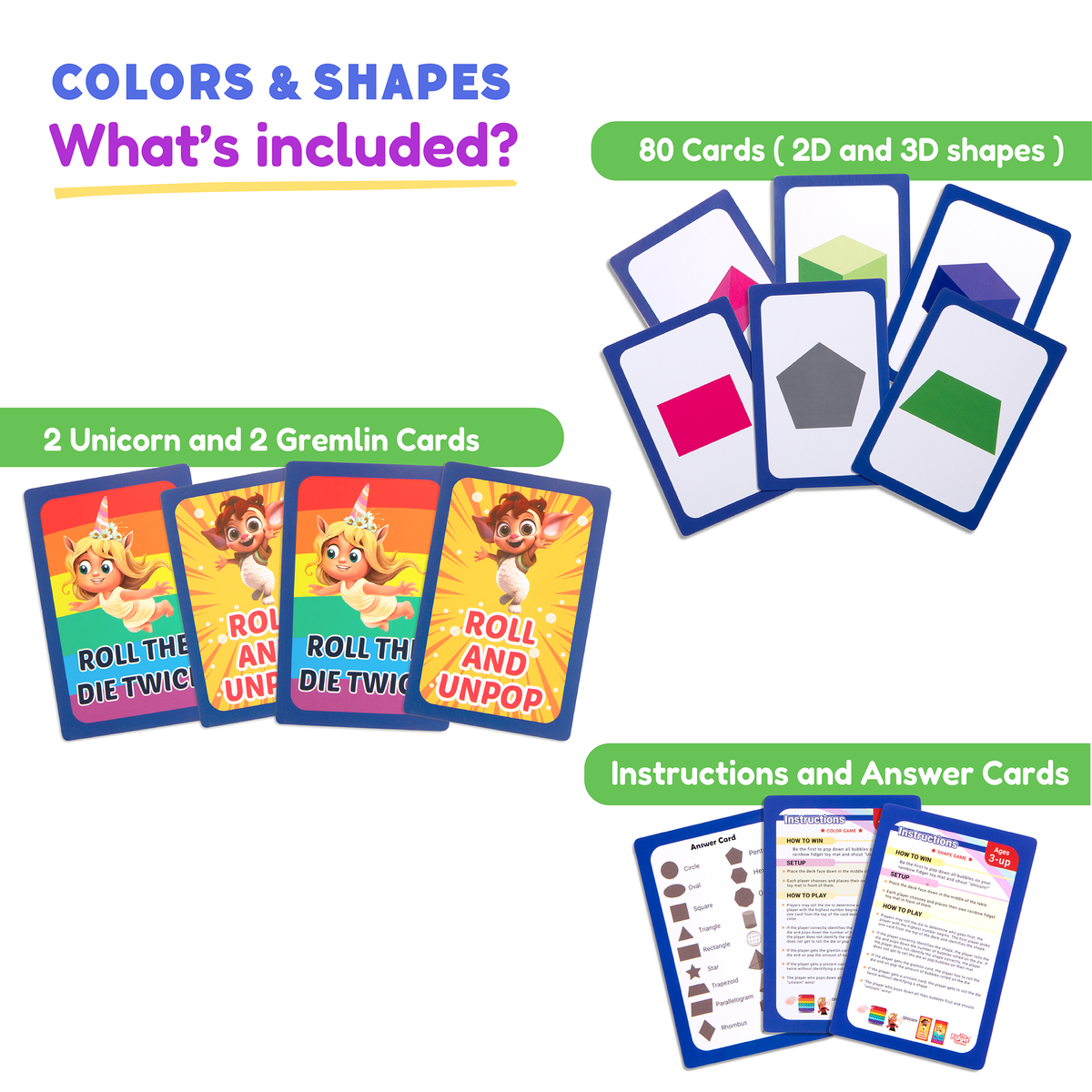 2D/3D Shapes & Colors Cards, 80, unicorns & gremlins by The Fidget Games on Tampa Store on Tampa Home & Garden Store