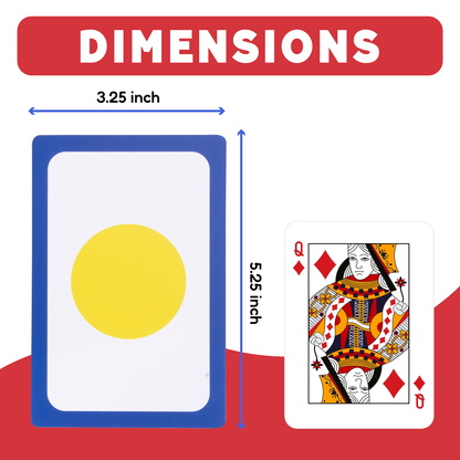 2D & 3D Shapes & Colors Card Pack; blue bordered card with yellow circle and 3.25 in dimension arrows on Tampa Home & Garden Store