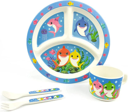 🦈 Shark Family 4-Piece Kids Dinnerware Set – Eco-Friendly, Biodegradable, BPA-Free Plant Fiber Tableware with Plate, Cup, Fork & Spoon – Microwave & Dishwasher Safe – Gift-Boxed for Holidays & Birthdays - Tampa Home & Garden Store