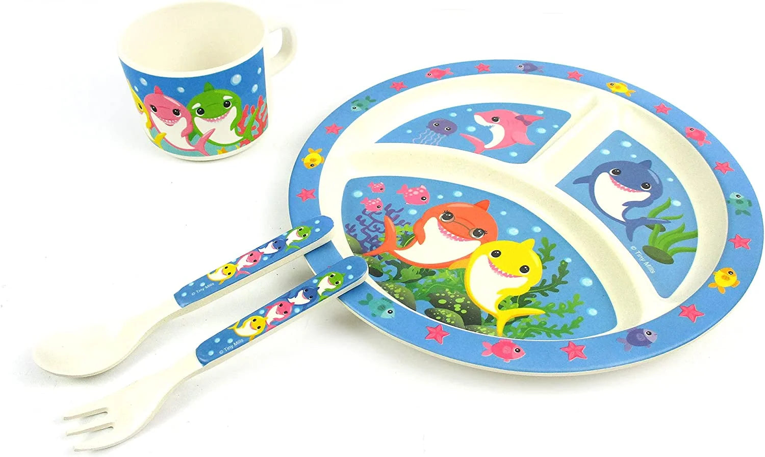 🦈 Shark Family 4-Piece Kids Dinnerware Set – Eco-Friendly, Biodegradable, BPA-Free Plant Fiber Tableware with Plate, Cup, Fork & Spoon – Microwave & Dishwasher Safe – Gift-Boxed for Holidays & Birthdays - Tampa Home & Garden Store