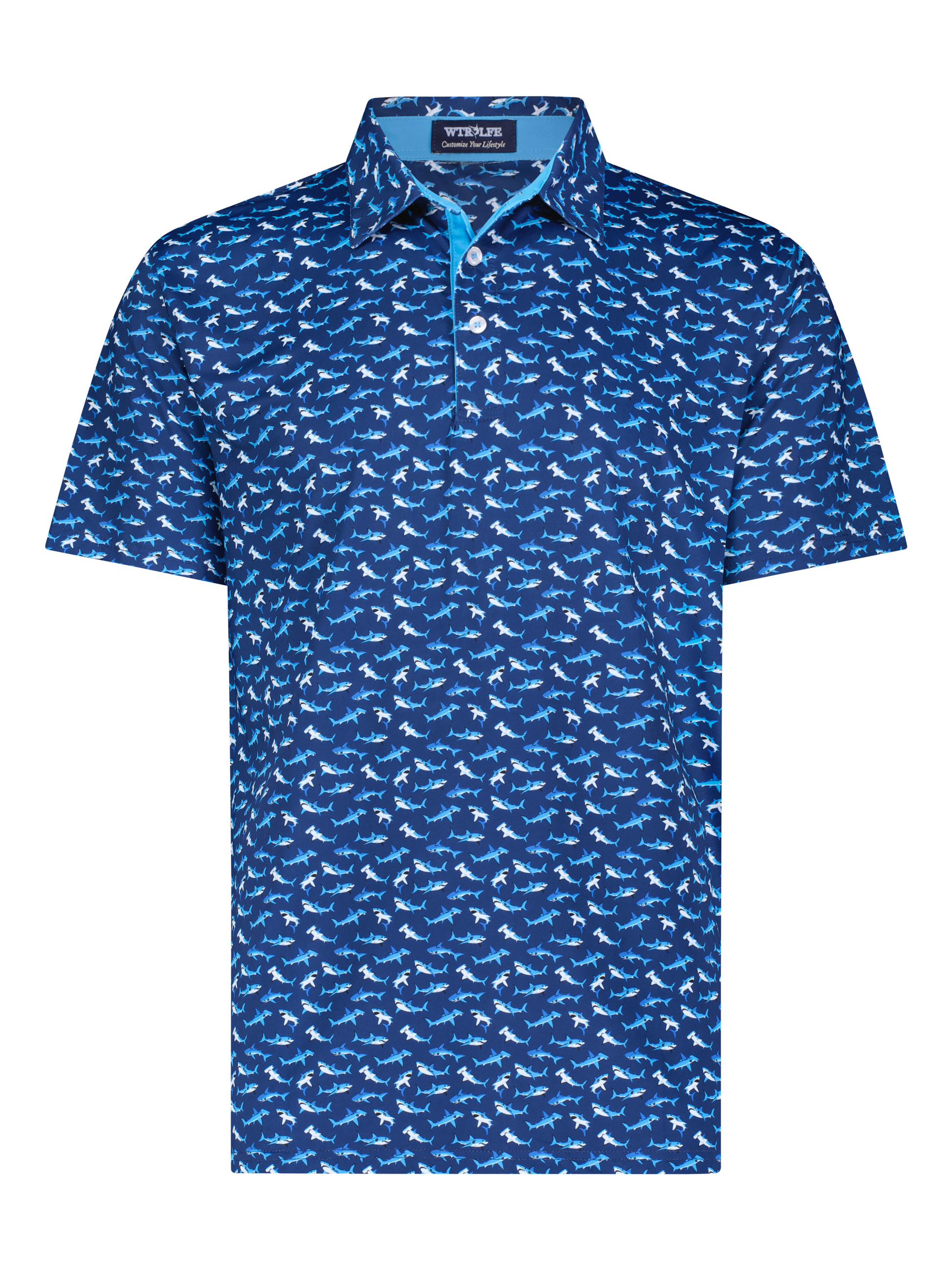 Sharks Polo shirt, navy blue with white shark print, White Water Life brand on Tampa Home & Garden Store