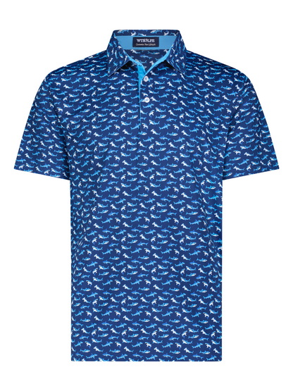 Sharks Polo shirt, navy blue with white shark print, White Water Life brand on Tampa Home & Garden Store