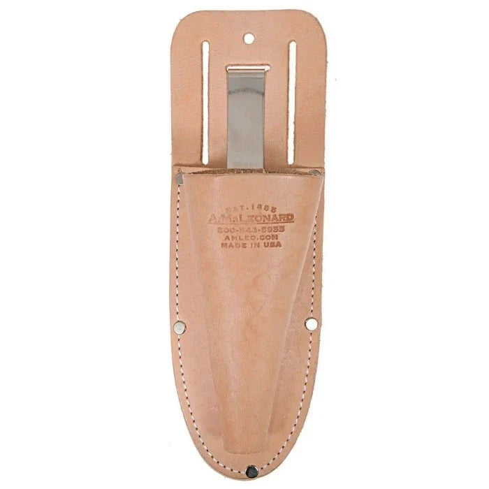 AM Leonard soil knife sheath, tan leather with stitched edges and belt clip on Tampa Home & Garden Store