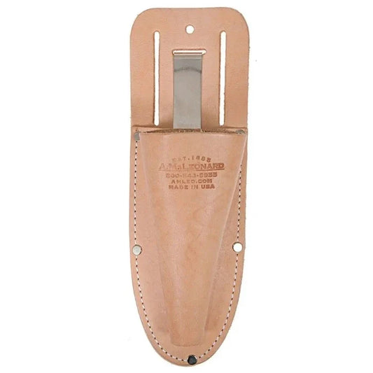 AM Leonard soil knife sheath, tan leather with stitched edges and belt clip on Tampa Home & Garden Store