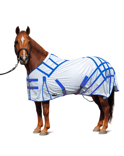 ByeBye Fly Sheets horse blanket TailCinch, white sheet with blue lines and straps on a horse on Tampa Home & Garden Store
