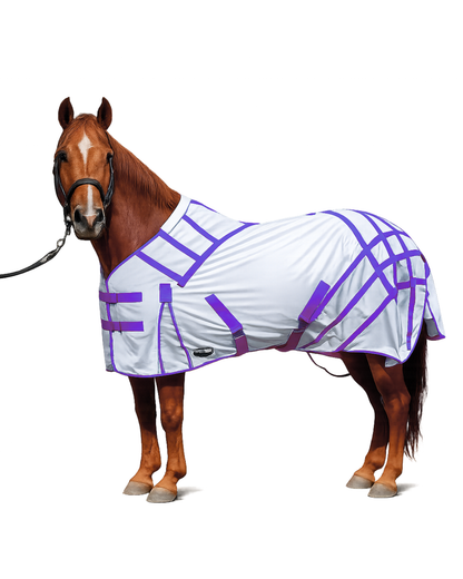 ByeBye Fly Sheets horse blanket white with purple grid pattern and purple straps on Tampa Home & Garden Store