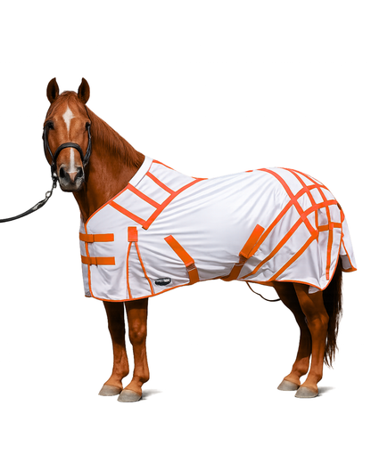 ByeBye Fly Sheets TailCinch Equine Products white sheet with orange grid lines on a horse on Tampa Home & Garden Store