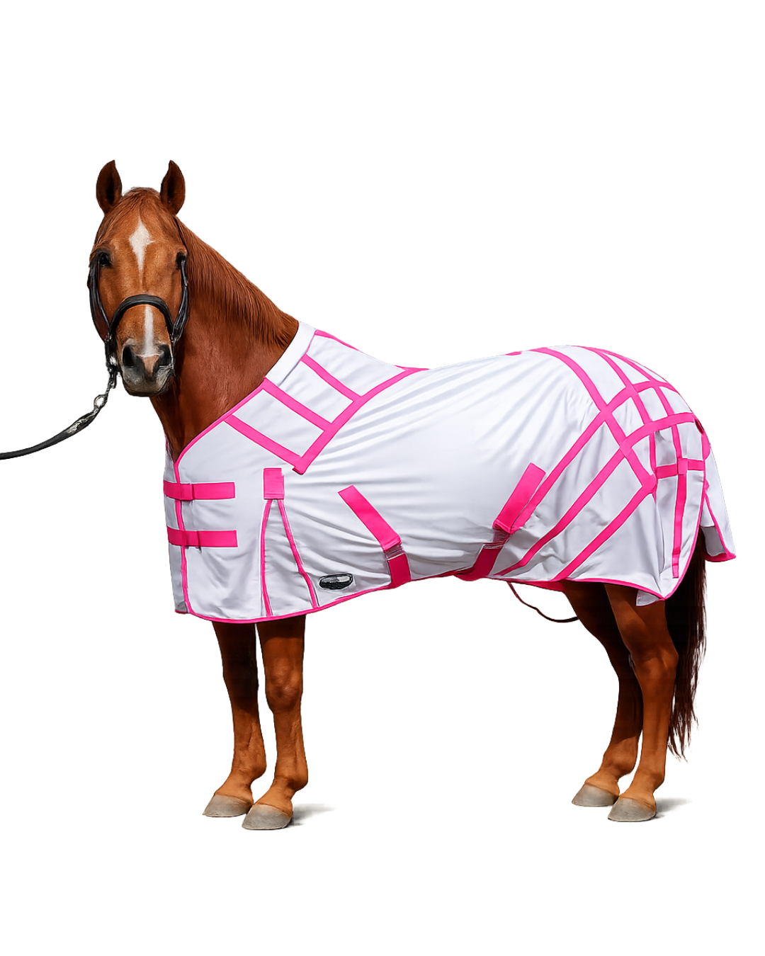 ByeBye Fly Sheets white horse blanket with bright pink geometric grid pattern on Tampa Home & Garden Store