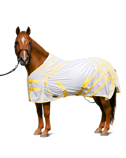 ByeBye Fly Sheets horse blanket by TailCinch Equine Products, white with yellow straps on Tampa Home & Garden Store