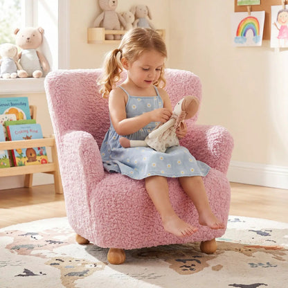 Kids Sherpa Armchair in Pink with Solid Wood Legs