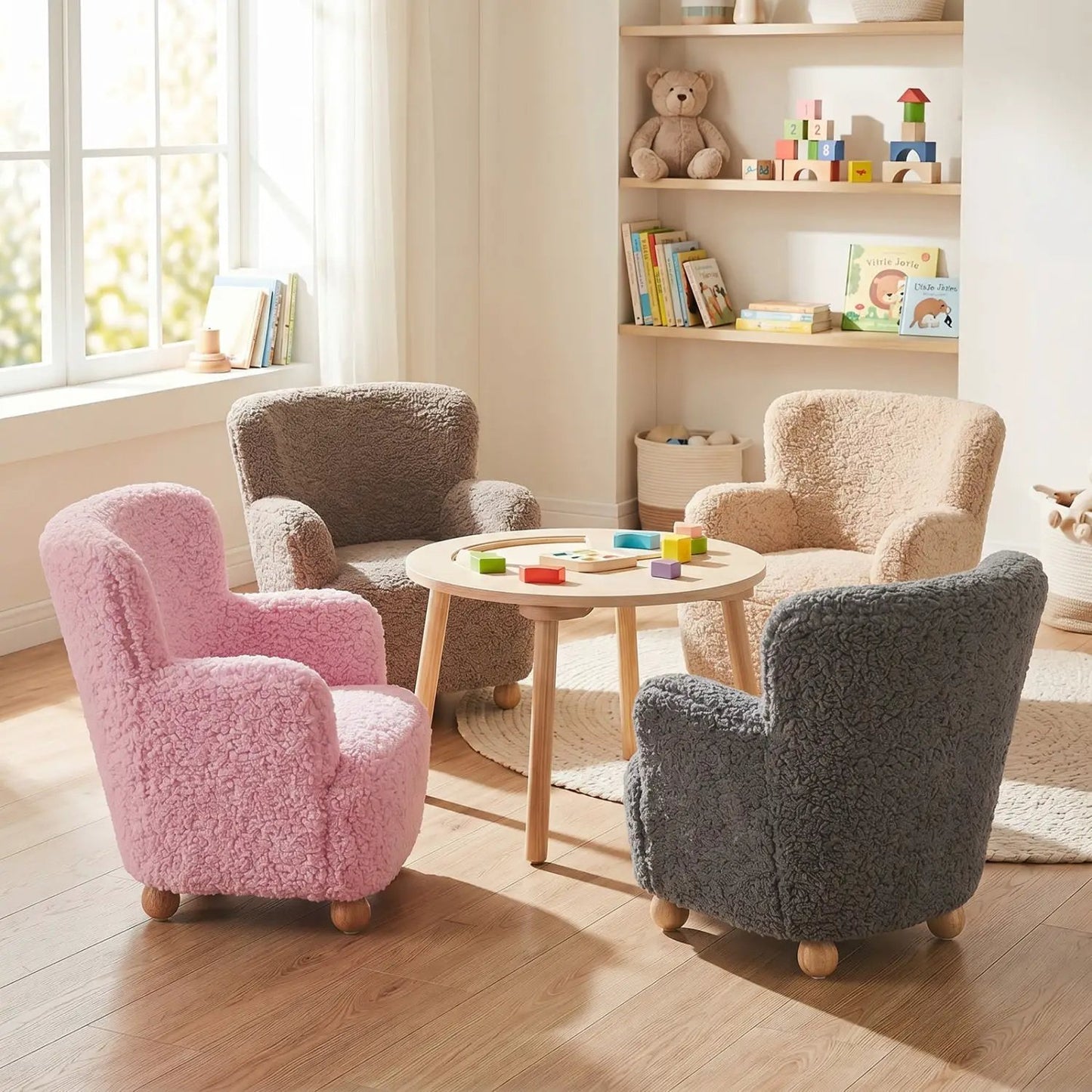 Kids Sherpa Armchair in Pink with Solid Wood Legs
