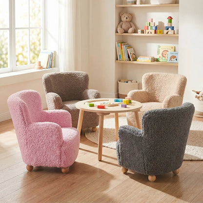 Kids Sherpa Armchair in Pink with Solid Wood Legs