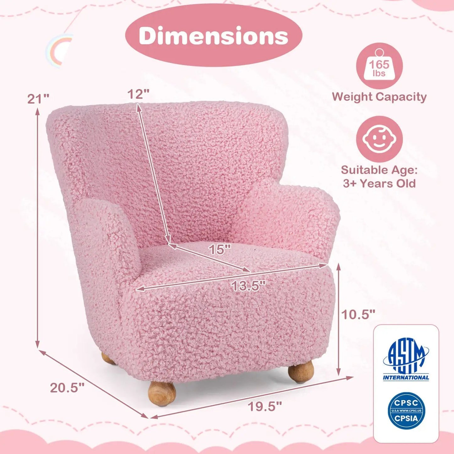 Kids Sherpa Armchair in Pink with Solid Wood Legs