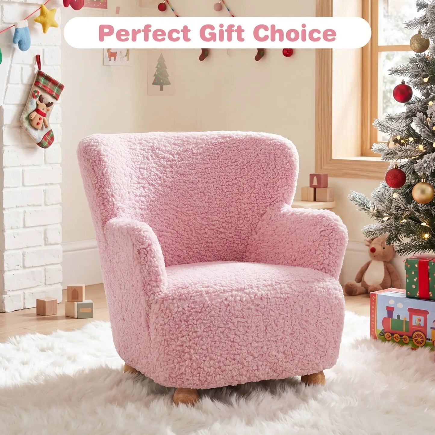 Kids Sherpa Armchair in Pink with Solid Wood Legs