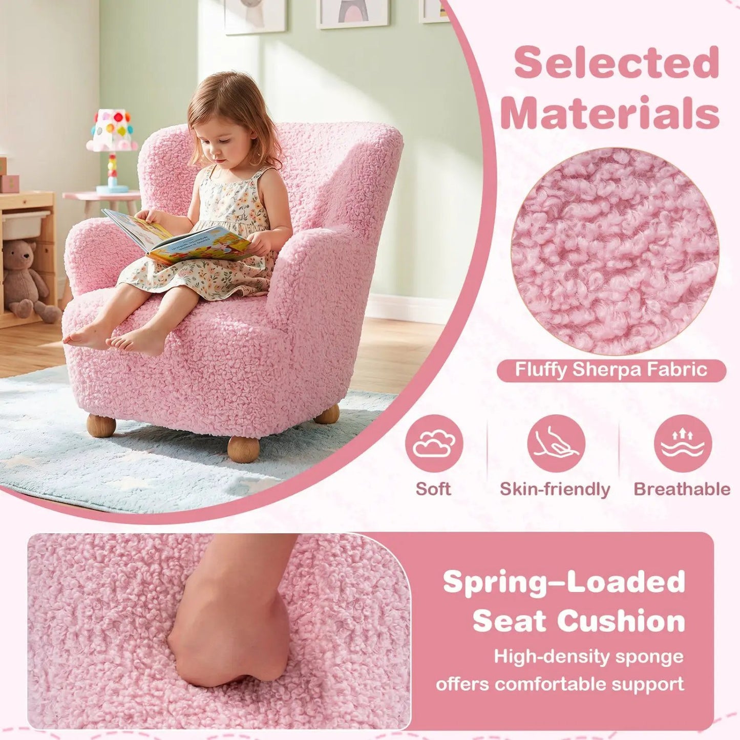 Kids Sherpa Armchair in Pink with Solid Wood Legs