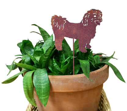 Shih Tzu plant stake by Rustica Ornamentals in rusty metal, in a terracotta pot with snake plant on Tampa Home & Garden Store