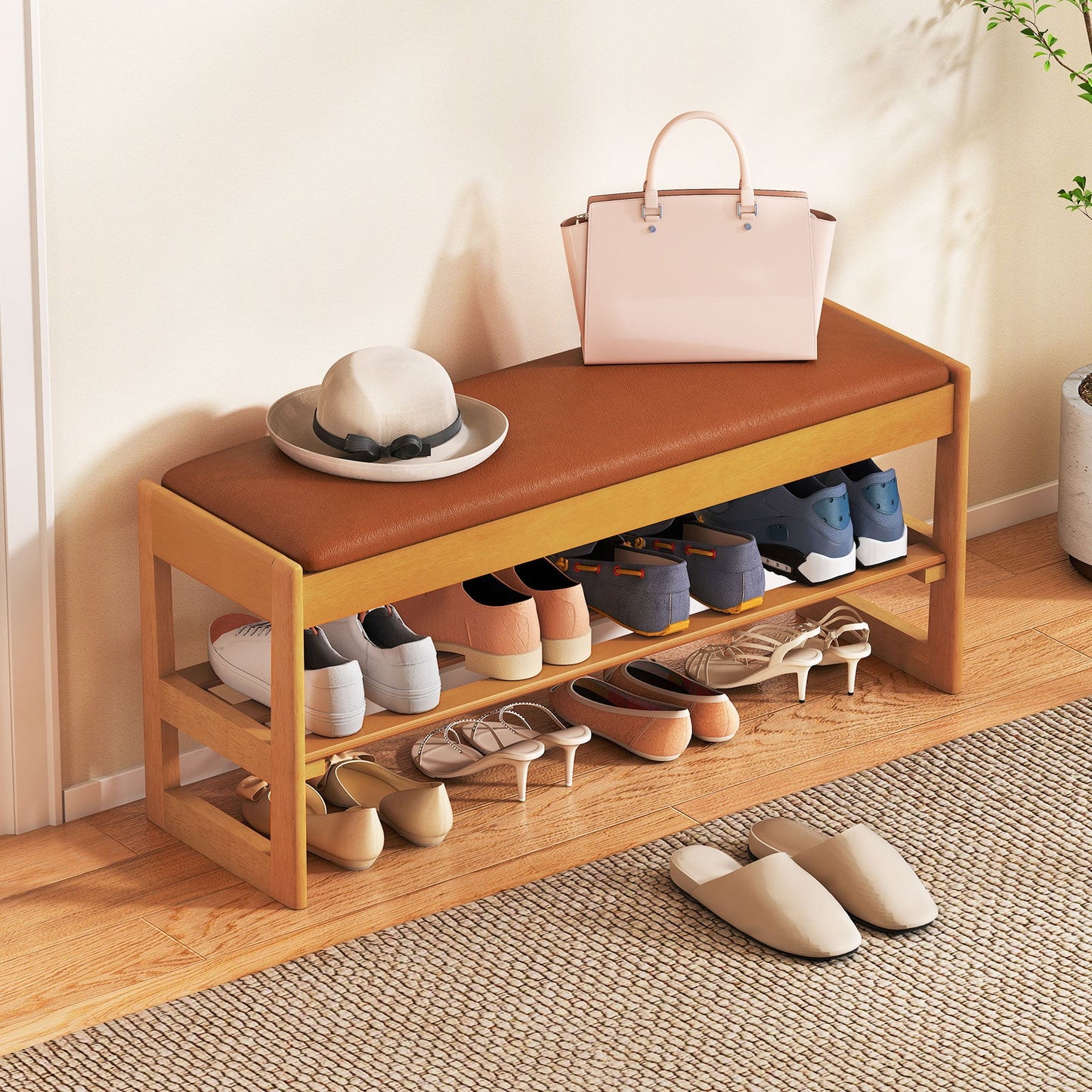 Shoe Rack Bench with Storage 2-Tier Rubberwood Entryway Bench with Flip-Open Storage