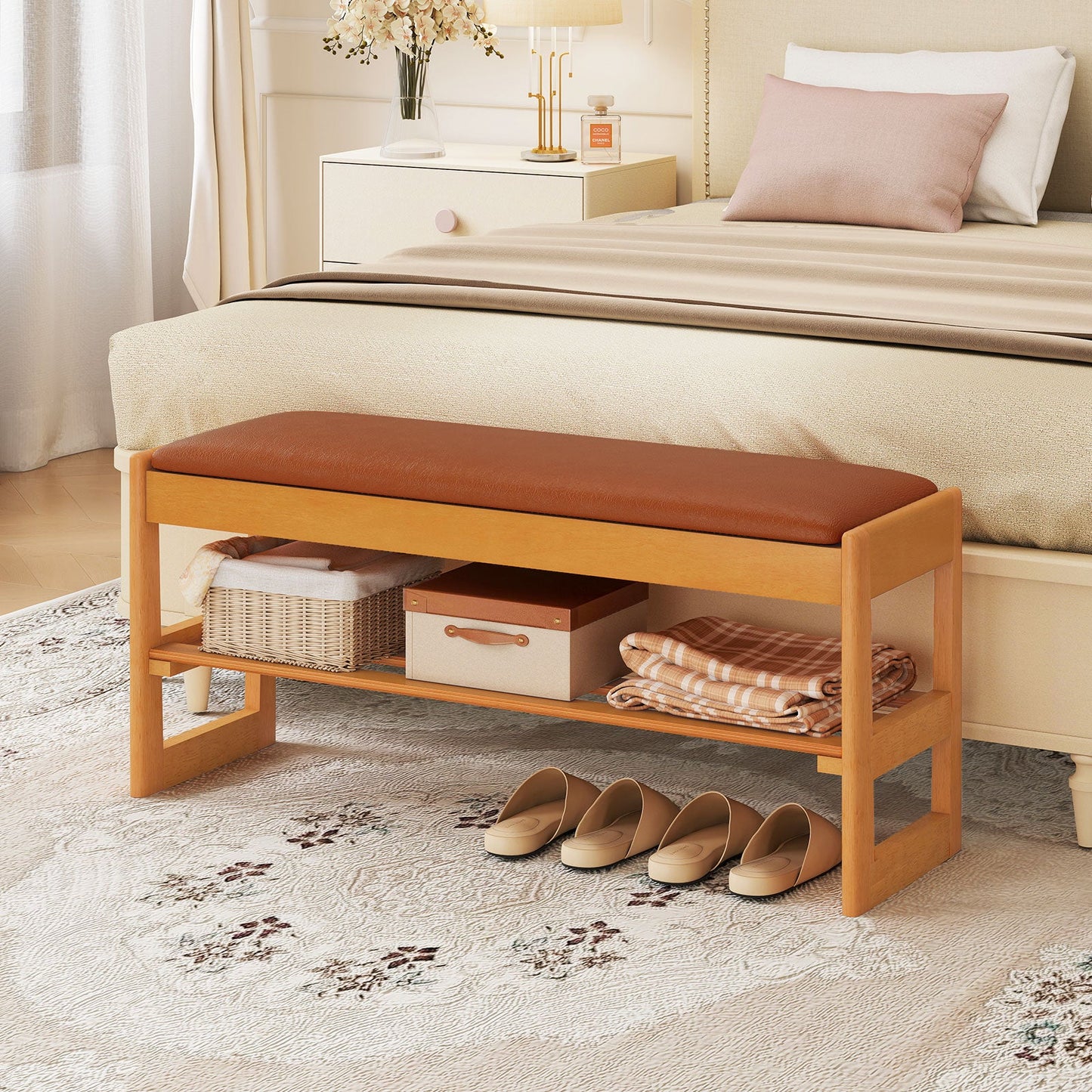 Shoe Rack Bench with Storage 2-Tier Rubberwood Entryway Bench with Flip-Open Storage