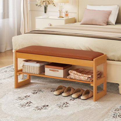 Shoe Rack Bench with Storage 2-Tier Rubberwood Entryway Bench with Flip-Open Storage