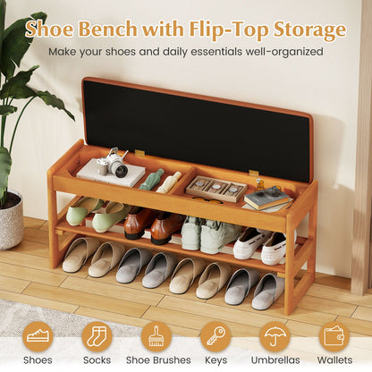 Shoe Rack Bench with Storage 2-Tier Rubberwood Entryway Bench with Flip-Open Storage