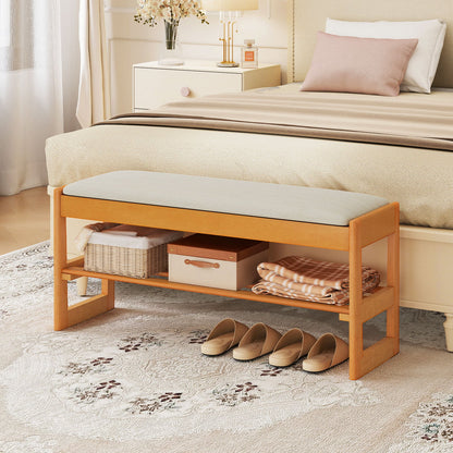 Shoe Rack Bench with Storage 2-Tier Rubberwood Entryway Bench with Flip-Open Storage