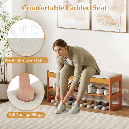 Shoe Rack Bench with Storage 2-Tier Rubberwood Entryway Bench with Flip-Open Storage
