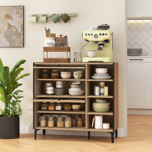 Shoe Rack Organizer with Flip-up See-through Doors and Adjustable Shelves-Oak