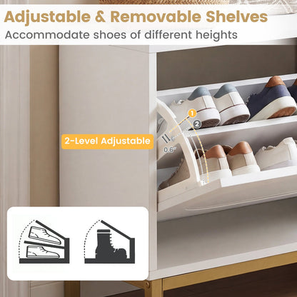 Shoe Storage Bench Narrow Entryway Bench with 2 Flip Drawers Adjustable Shelves-White