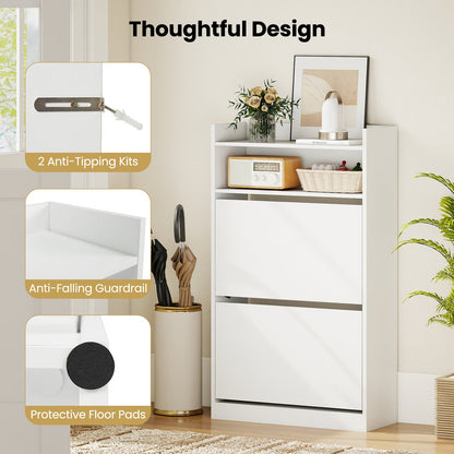 Shoe Storage Cabinet Hidden Shoe Rack with 2 Flip Drawers Adjustable and Removable Shelves-White