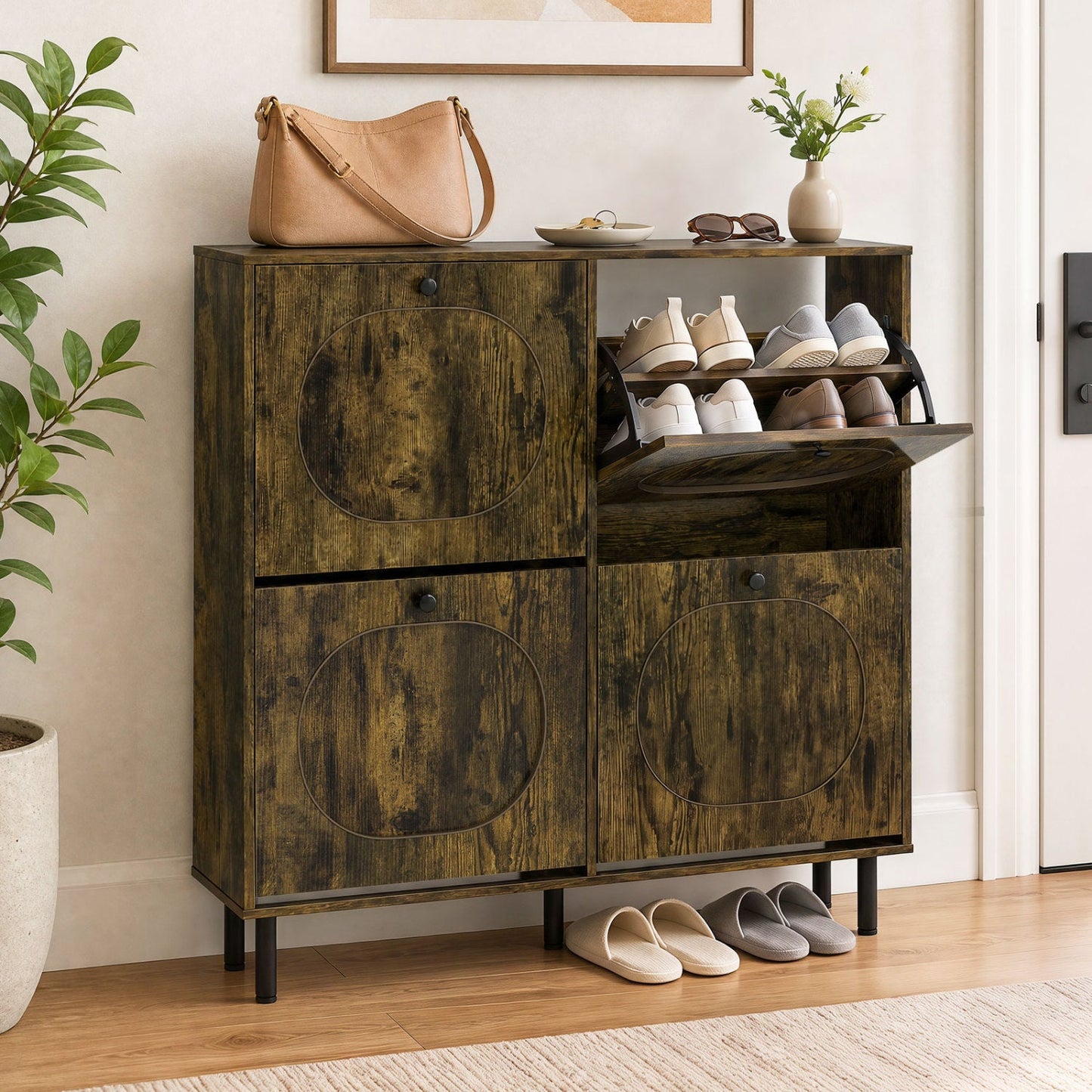 Shoe Storage Cabinet DirectDeals with 4 flip drawers in rustic brown wood, shoe rack with pairs on Tampa Home & Garden Store