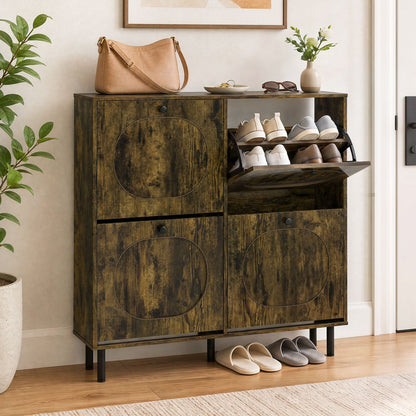 Shoe Storage Cabinet DirectDeals with 4 flip drawers in rustic brown wood, shoe rack with pairs on Tampa Home & Garden Store