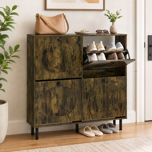 Shoe Storage Cabinet DirectDeals with 4 flip drawers in rustic brown wood, shoe rack with pairs on Tampa Home & Garden Store
