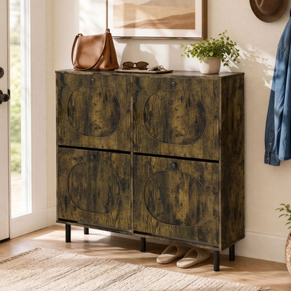 DirectDeals Shoe Storage Cabinet with 4 flip drawers in rustic brown wood, circular panel doors on Tampa Home & Garden Store