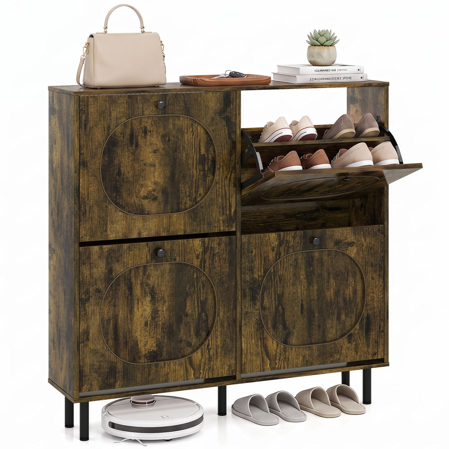 DirectDeals Shoe Storage Cabinet with 4 flip drawers in rustic brown wood finish on Tampa Home & Garden Store