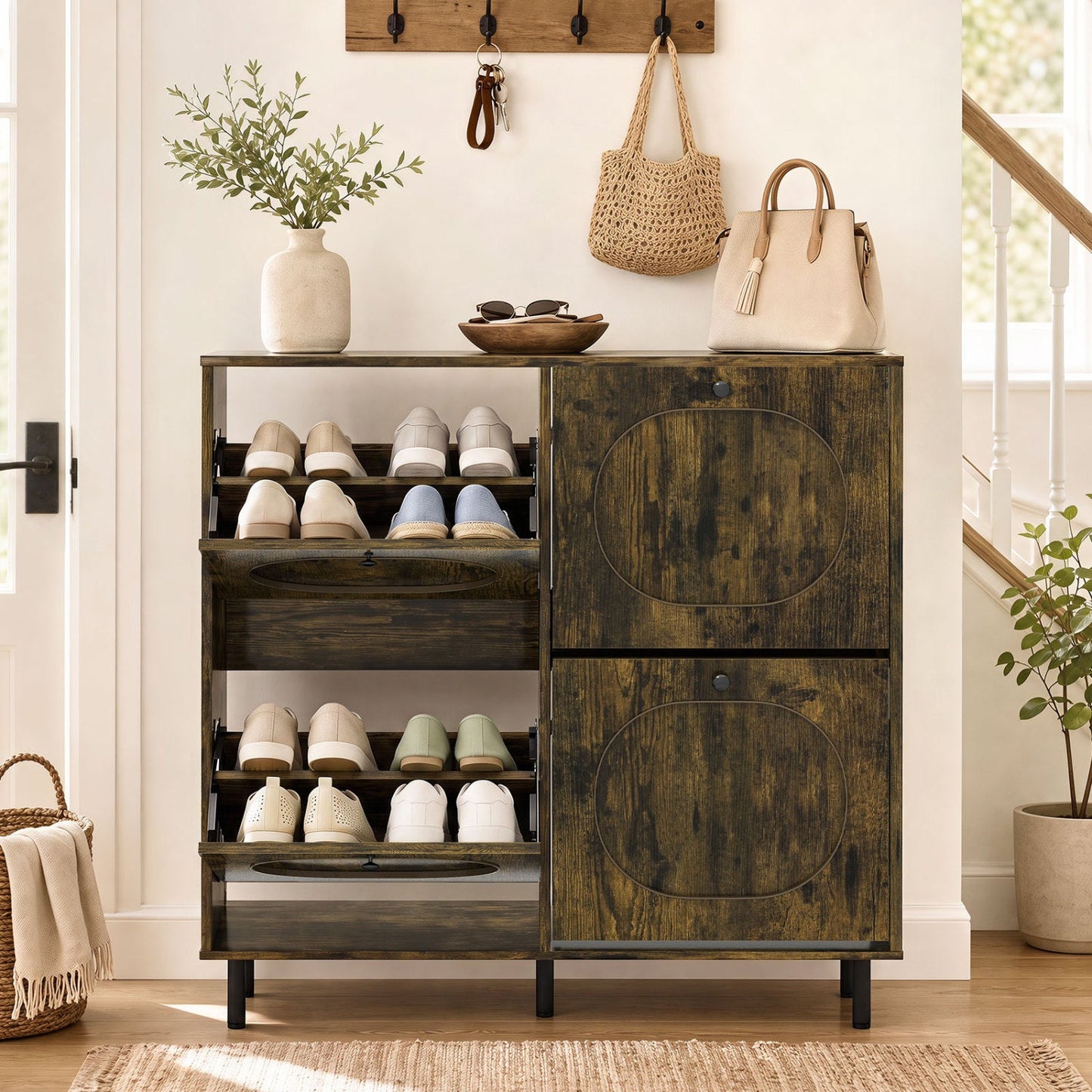 Shoe storage cabinet with 4 flip drawers by DirectDeals, rustic brown dark wood finish on Tampa Home & Garden Store
