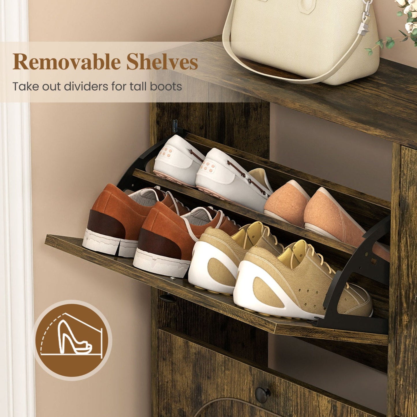 Shoe storage cabinet with 4 flip drawers in rustic brown, angled shelves holding shoes on Tampa Home & Garden Store