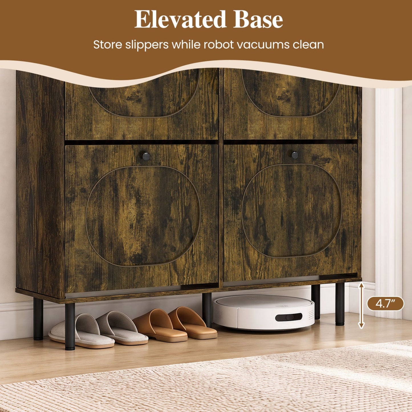 Shoe Storage Cabinet with 4 flip drawers in rustic brown wood finish with circular panel accents on an elevated base on Tampa Home & Garden Store