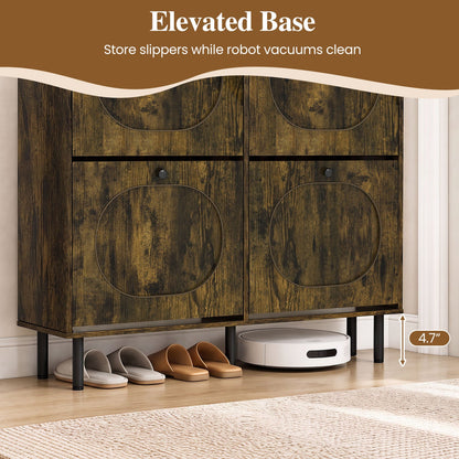 Shoe Storage Cabinet with 4 flip drawers in rustic brown wood finish with circular panel accents on an elevated base on Tampa Home & Garden Store