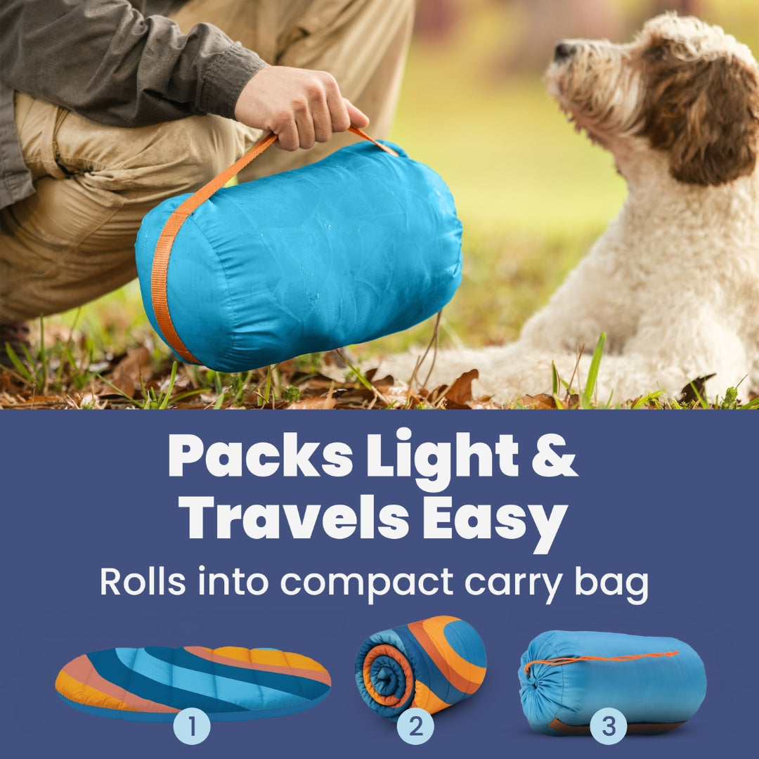 Travel Dog Bed blue foldable & packable for travel by Rubyloo carried outdoors beside a dog on Tampa Home & Garden Store