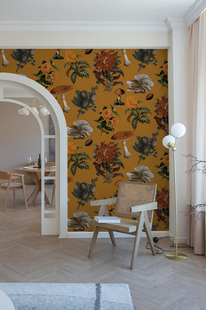 Shrooms Wallpaper, gold & marigold - Tampa Home & Garden Store