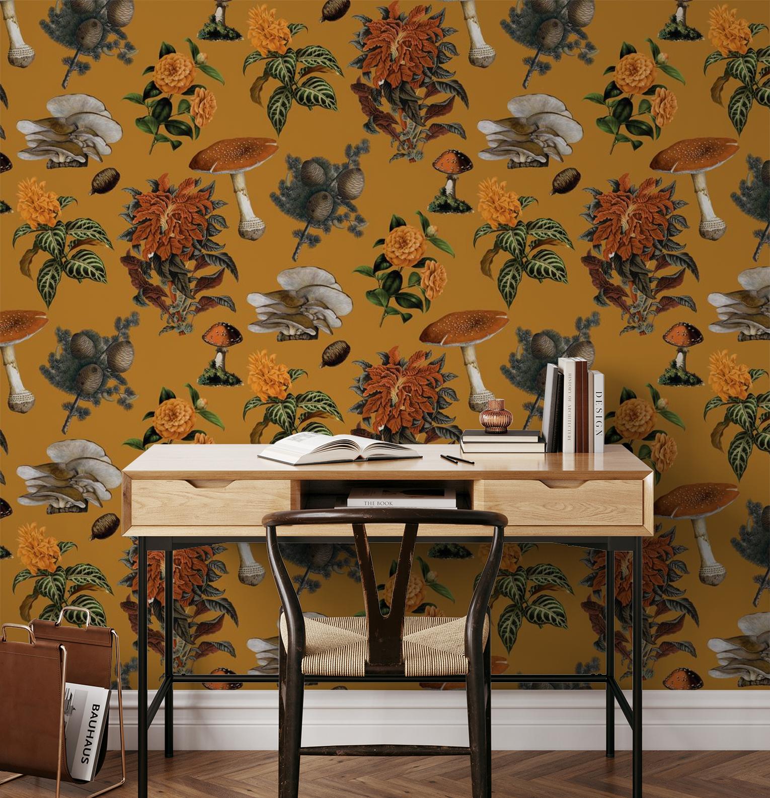 Shrooms Wallpaper, gold & marigold - Tampa Home & Garden Store